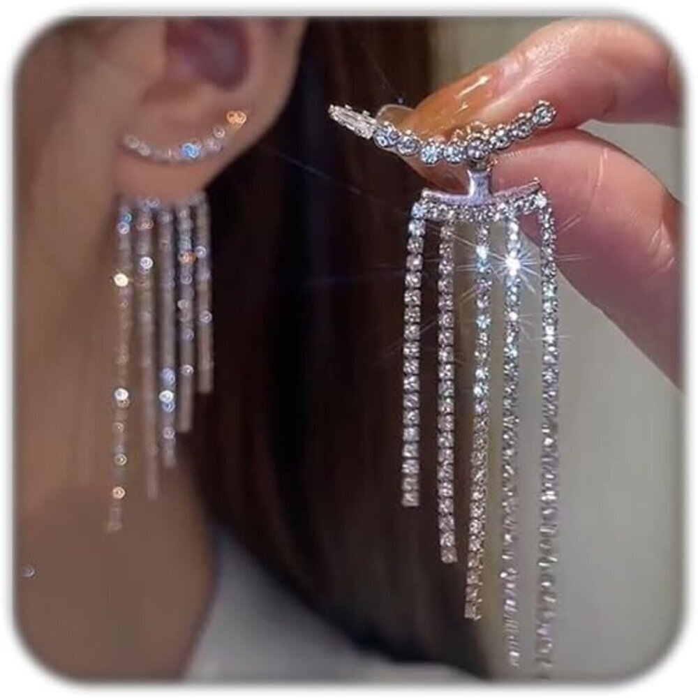 Lightweight Silver Dangle Earrings with Gorgeous Rhinestone Tassels for Women